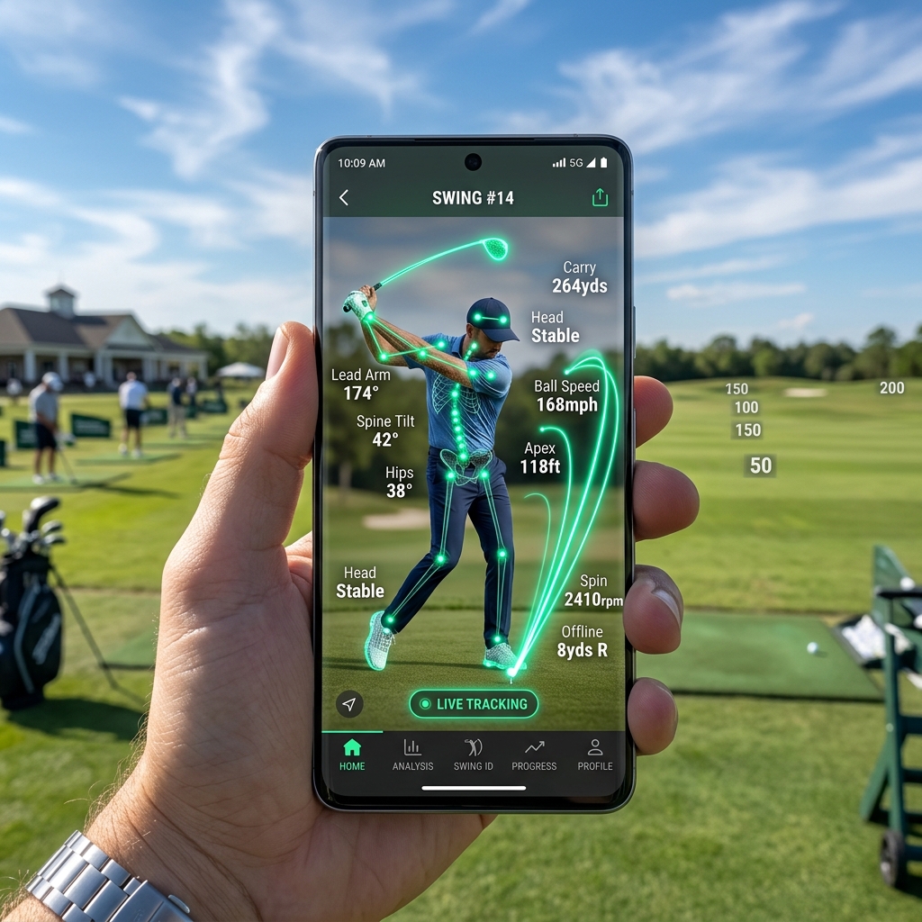 ForeTune Teller swing telemetry shown on an iPhone at a driving range